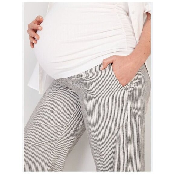 Old Navy Maternity Full-Panel Striped Linen-Blend Tailored Straight Pants Large - Picture 1 of 9